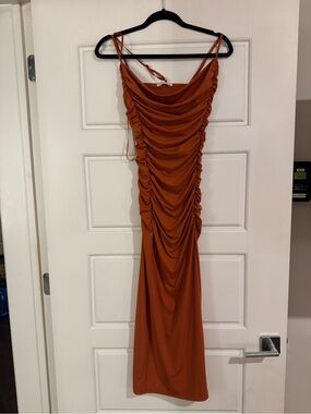 Ruched Spaghetti Strap Dress in Burnt Orange